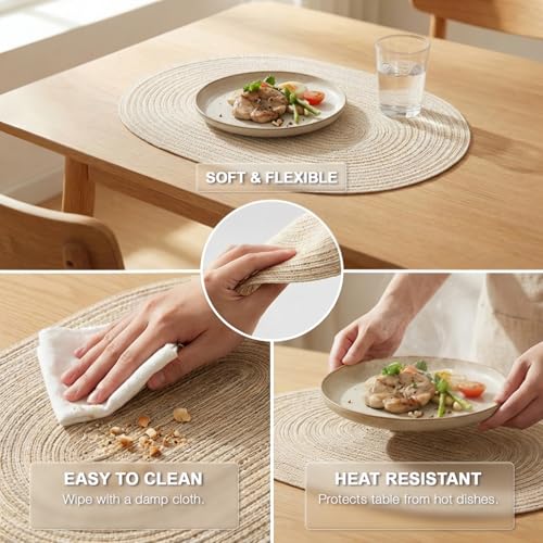 Oval Woven Placemats Set of 8 - Durable Polyester Table Mats for Dining - Beige