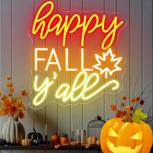 Happy Fall Y'all Neon Sign - Fall Decor LED Light with Hanging Chain - Yellow+Red Variation