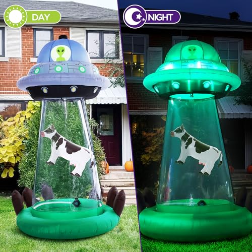 10 FT Halloween Inflatable UFO with Floating Cow - Alien Abduction Scene, Outdoor Decoration