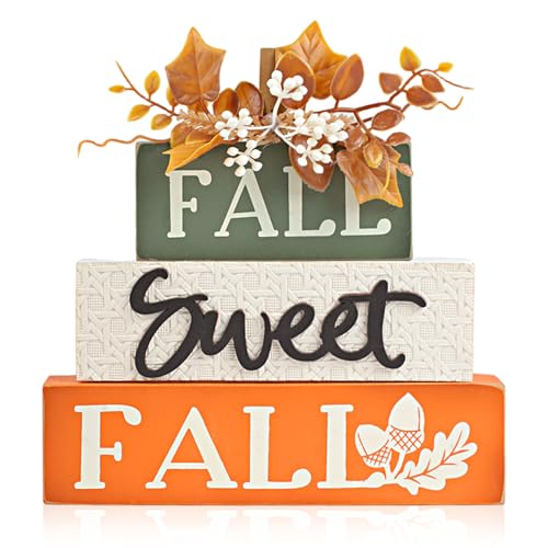 Rustic Fall Decor Wooden Maple Leaf Block Sign - Orange & Green Autumn Tabletop