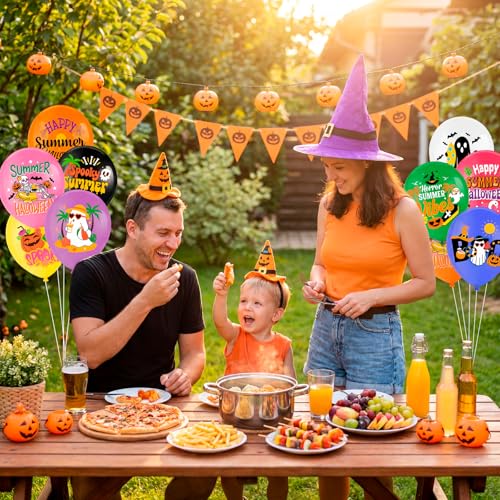 Summer Halloween Balloons Set with Tropical Ghosts and Spooky Designs - 36 pcs