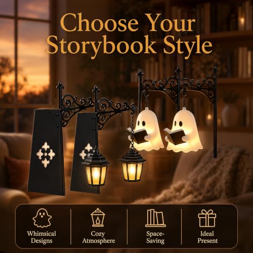 Halloween Ghost Bookshelf Lamp Set - Mini Decorative Lanterns for Bookcase & Reading Nook (2PCS, Lantern + Ghost)