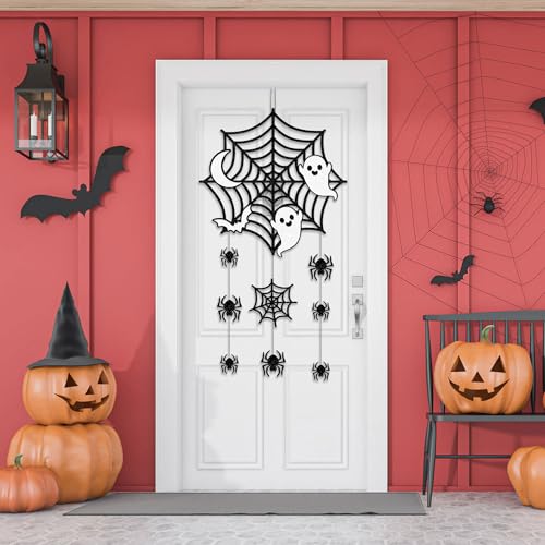 Halloween Hanging Decorations Set - Spider Web Ghost Bat Welcome Sign - Spider Web Variation