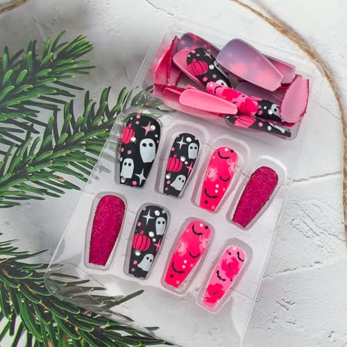 Halloween Press On Nails Medium Coffin Fake Nails with 3D Rhinestones and Spiders - Variation of Halloween Nails-5