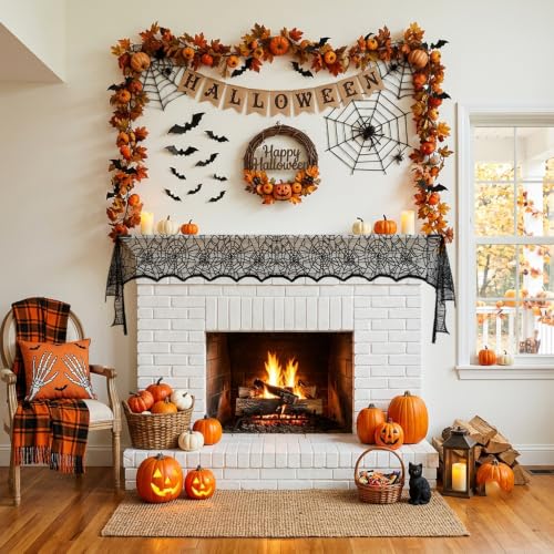 Halloween Lace Table Runner 14x48 Inch Spider Web Decor for Party & Home - Black