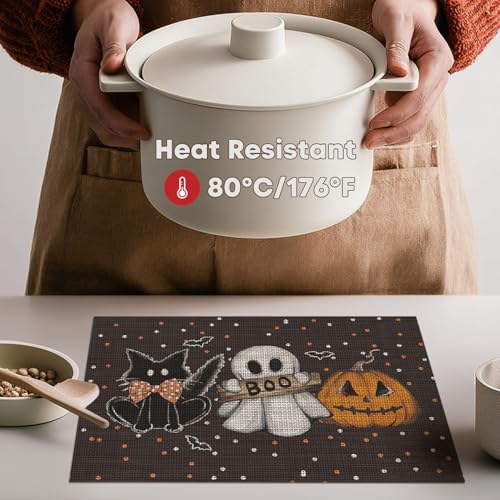 Black Ghost Cat Vinyl Placemats Set of 4 - Washable Heat Resistant Table Decor