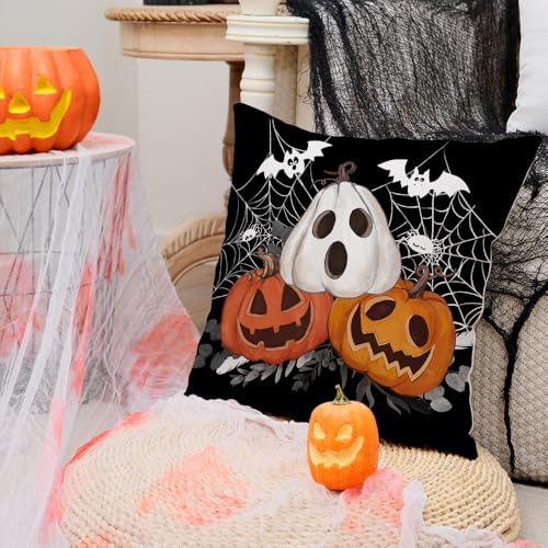 Halloween Pillow Cover 20x20 inch Jack-o'-Lantern Bat Web Farmhouse Decor - Black