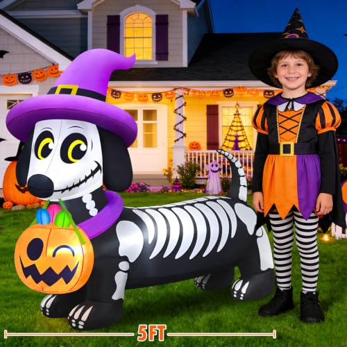 Halloween Inflatable 5FT Skeleton Dachshund Dog Decoration with LED Lights - Spooky Yard Display