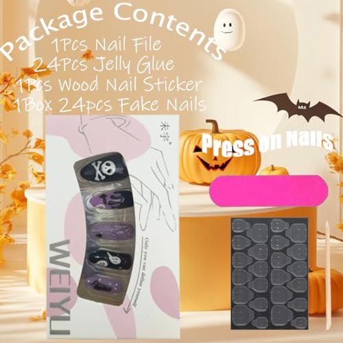 Gothic Bat Press On Nails - Halloween Fake Nails with Purple Glitter - Short Acrylic False Nails for Women - Variation: Gothic Bat 5