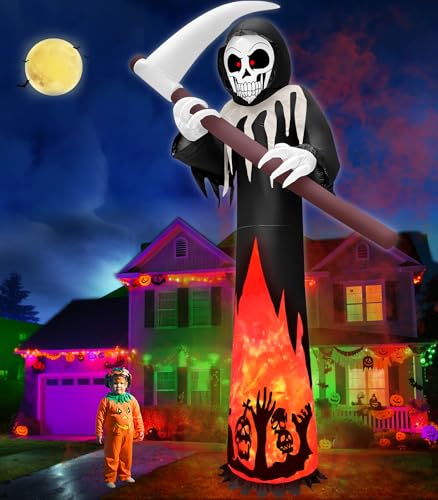 12FT Tall Halloween Inflatable Grim Reaper with Rotating Flame Lights Outdoor Decor