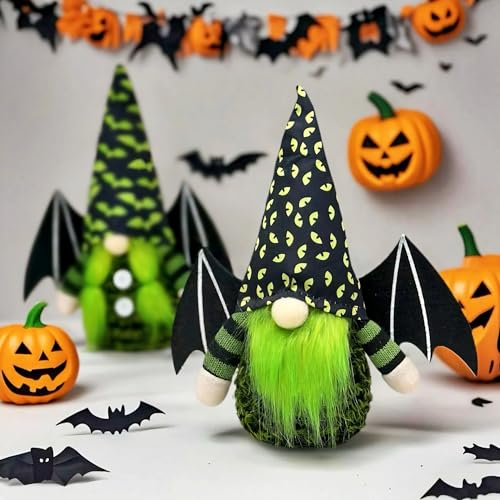 Halloween Bat Wing Gnome Decorations - Set of 2, Green Plush Gnomes with Black Hats - Handmade Holiday Home Decor - Bat Wing Variation