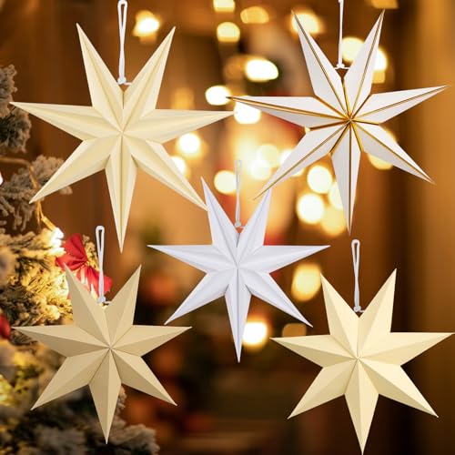 Paper Jazz 5 Pack Brown & White Paper Star Lanterns Christmas Hanging Decorations