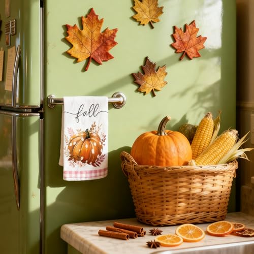 Fall Kitchen Towels Pink Pumpkin Buffalo Plaid Set - 4 Pcs
