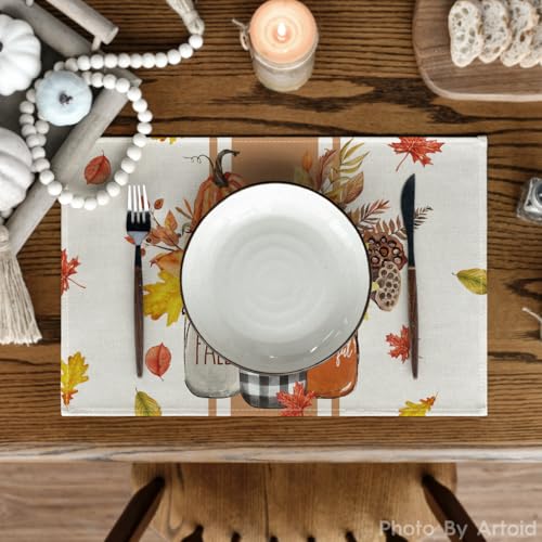 Artoid Mode Fall Thankful Placemats Set of 6 - 12 x 18 Inch Rectangular Beige & Orange