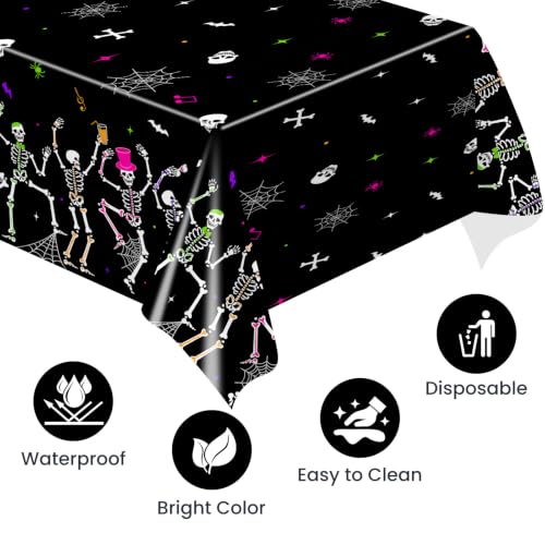 Halloween Dancing Skeleton Tablecloth Set - 3 Pack, Waterproof Plastic, 274x137 cm