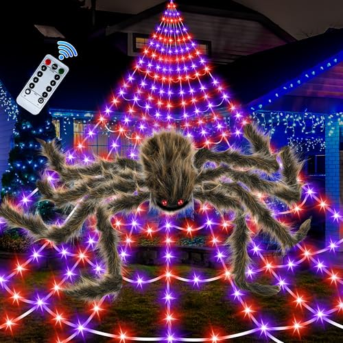Halloween Spider Web Lights with 450 LEDs & Spooky Spider, Waterproof Indoor Outdoor Decor