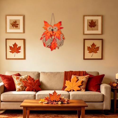 Autumn Owl Wreath for Front Door - Handcrafted Fall Seasonal Decor 14x9 in