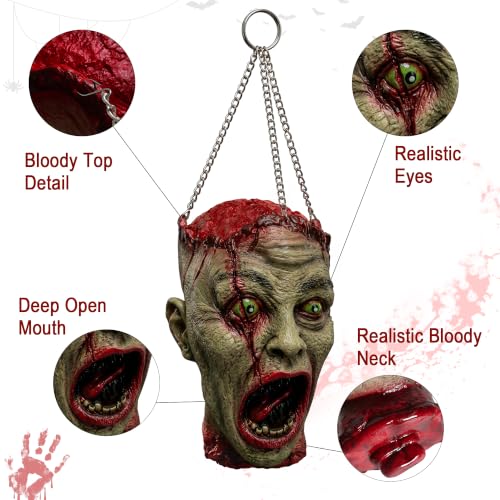 Halloween Bloody Zombie Head Prop - Latex Hanging Severed Head with Chains - 11.8"