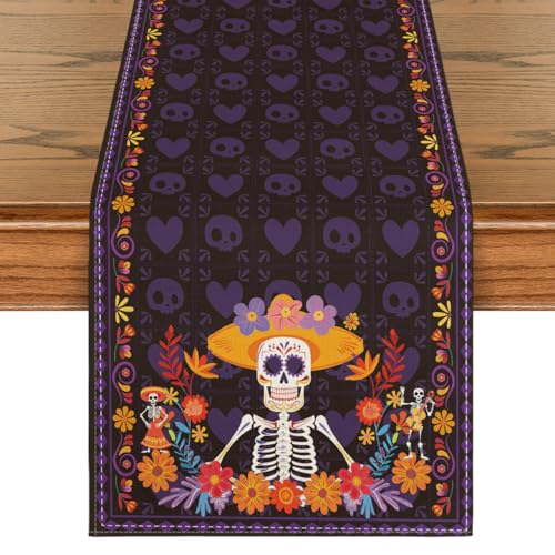 Daisy Skull Day of The Dead Table Runner - Mexican Kitchen Decor, 13x72 Inches