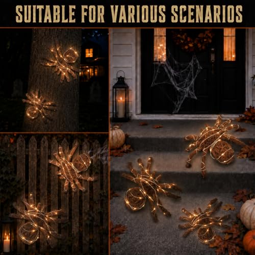 Fake Spider Decor Set with Rattan Woven Legs & String Lights - Halloween Props, 3 Sizes
