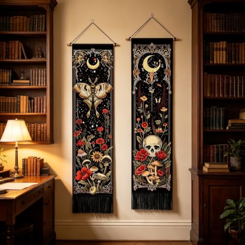 Gothic Wall Tapestry Set - Witchy Moon Moth Skull Mushroom Vertical Decor