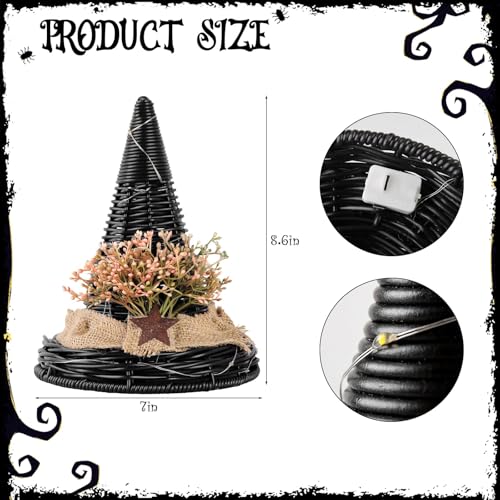 Rustic Halloween Witch Hat Decor with LED Lights - Indoor Table Centerpiece