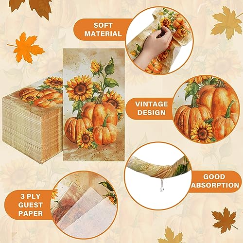 Thanksgiving Fall Paper Napkins - Vintage Pumpkin & Sunflower Design, 100 Pack