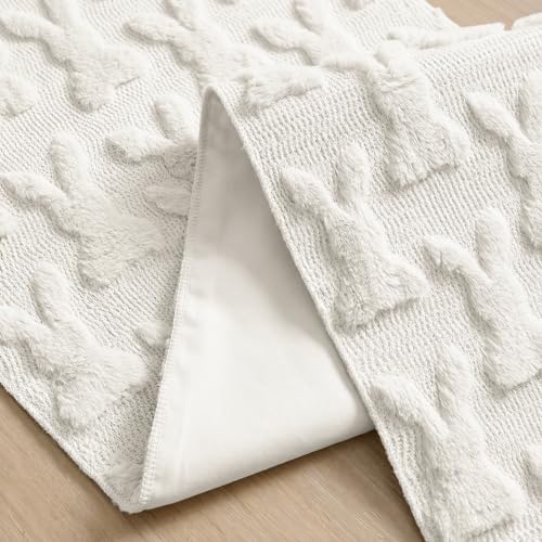 White Faux Fur Bunny Rabbit Easter Table Runner 13x48 Inch - Seasonal Kitchen Decor