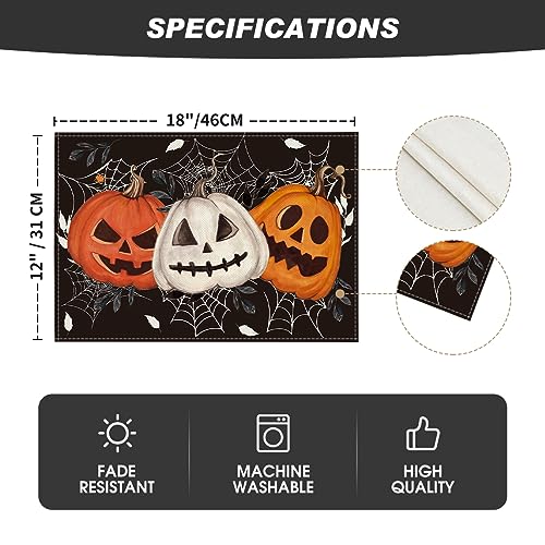 Halloween Pumpkin & Spider Web Placemat Set of 6 - 12x18 Inches, Rectangular, Black