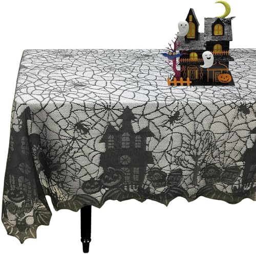 Halloween Pumpkin Embroidered Lace Tablecloth 70x52 Inch - Fall Decor, Sibling Variation