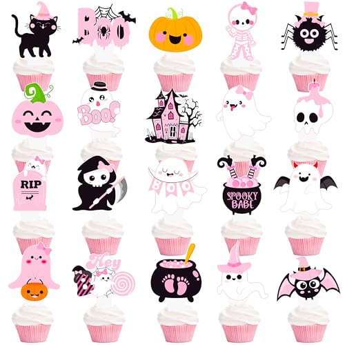 48Pcs Halloween Cupcake Toppers Set - Ghost Pumpkin Bat Party Decorations