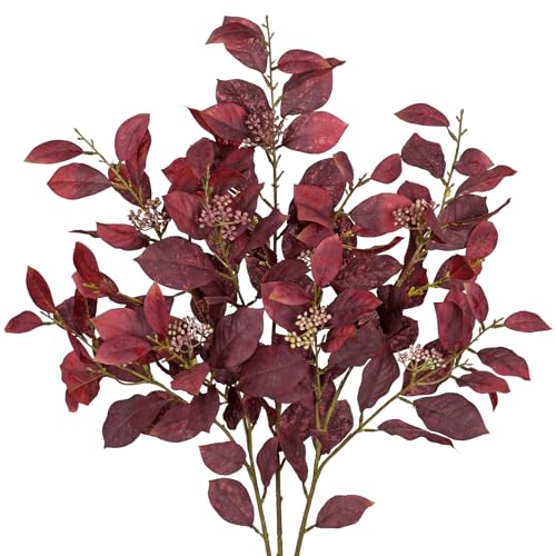 Artificial Burgundy Fall Euonymus Leaves Stems with Flower Seeds - 3 Pcs, 32 Inches