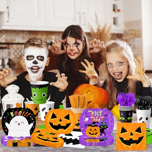Halloween Paper Plates Napkins Cups Forks Party Supplies 144Pcs Spooky Decor