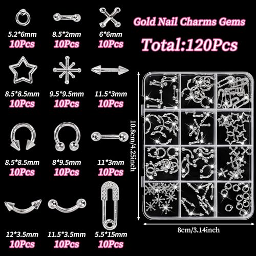 120PCS Silver Gothic Cross & Star Nail Charms - Retro Punk Manicure Decor