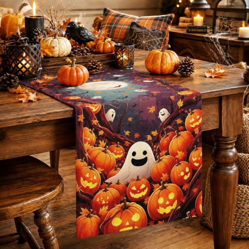 Halloween Table Runner 13x72 Inches with Pumpkins and Ghosts - Fall Autumn Decor