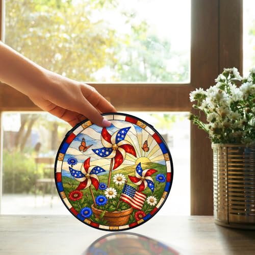 Patriotic Stained Glass Sun Catcher - 7.9 Inch American Flag Window Decor