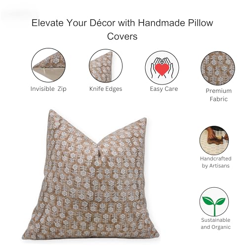 Camel Brown Handmade Block Print 16x16 Inch Cotton Throw Pillow Cover - Fall Decor for Sofa & Bed