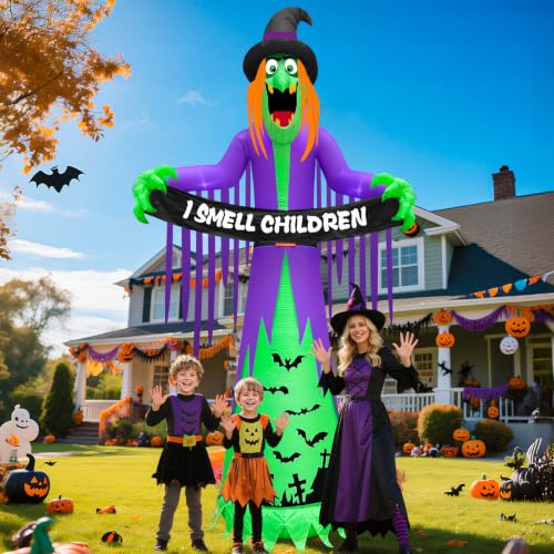 12FT Giant Halloween Inflatable Witch with LED Lights & Banner for Outdoor Decor