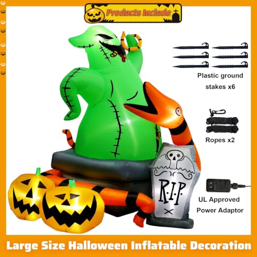 6Ft Halloween Inflatable Outdoor Decoration with Green Monster, Pumpkins, Tombstone & LED Lights