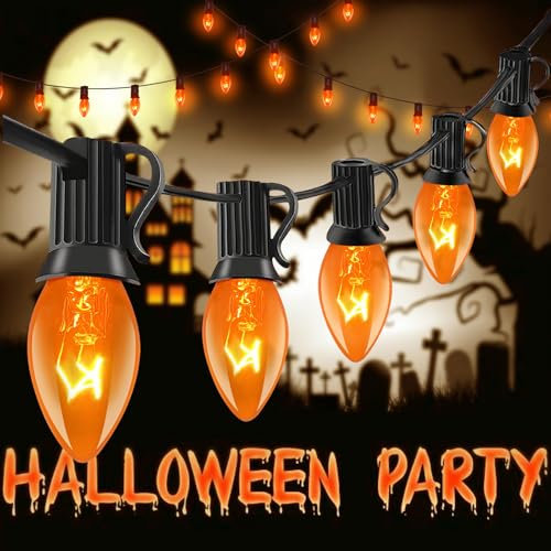 Orange String Lights - 25Ft C7 Outdoor Halloween Decor with 27 Bulbs - Black Wire, Waterproof