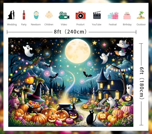 Halloween Cartoon Backdrop Full Moon Night Magic Cauldron Bat Forest Kids & Adults 8x6FT