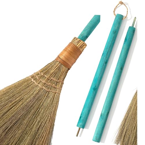 Vietnamese Straw Soft Broom with Green Wooden Handle - Traditional Decorative Sweeper - 45.28 Inch Length - Variation: Green