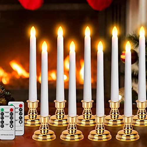 Daord 9 Pack Flameless Flickering LED Taper Candles with Remote & Timer - White + Gold Holders, Christmas Window Decor