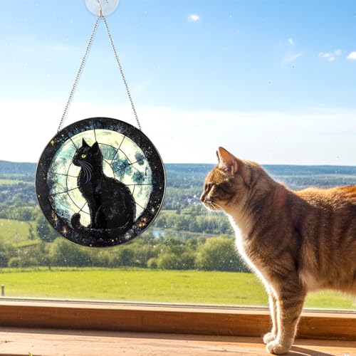 Black Cat & Moon Stained Glass Suncatcher Window Hanging Decoration - Variation: Black Cat