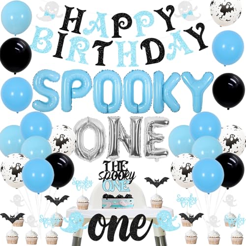 Halloween First Birthday Decorations Set for Boys - Banner, Balloons & Cake Toppers