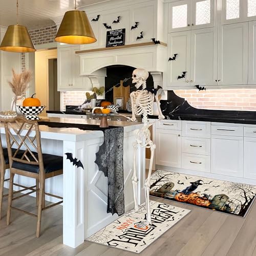 Halloween Kitchen Mat Set of 2 Non-Slip Washable Floor Rugs Ghost Pumpkin Decor