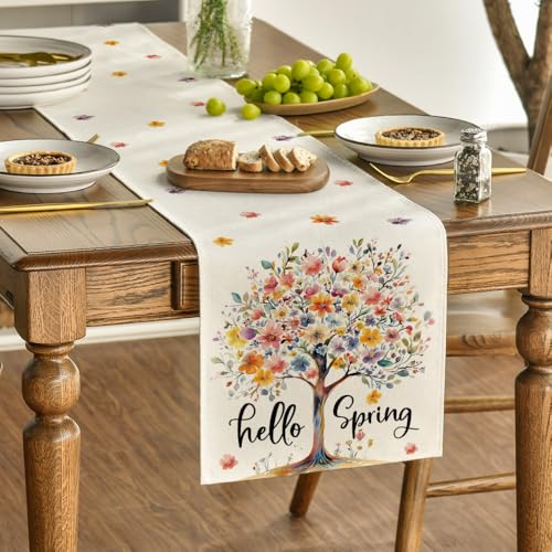 13x48 Inch Table Runner - Bloom Flower Tree Seasonal Summer Kitchen Decor Beige