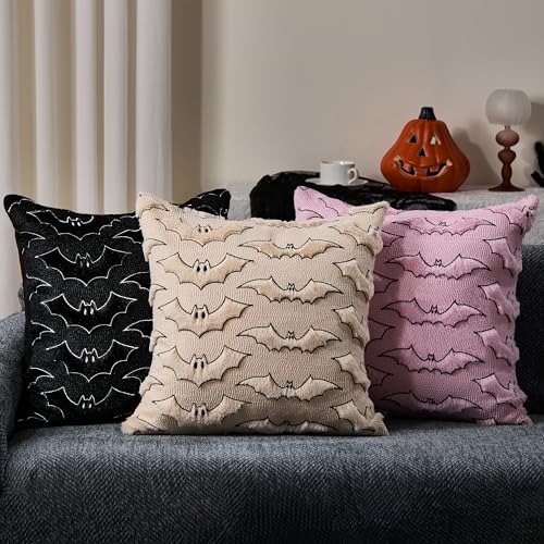 Halloween Pillow Covers 18x18 Inch Set of 2 Pink Bat with Black Eyes Faux Fur Plush Throw Pillow Cases for Sofa Bed Couch Home Decor Variation of THIS listing
