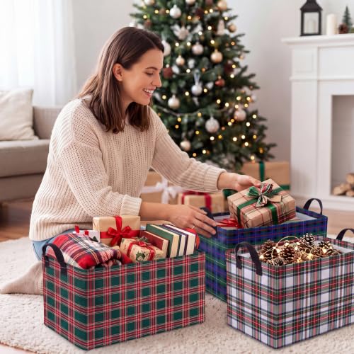 Christmas Plaid Storage Baskets Set - Collapsible Gift Bins with Handles - 4 Styles, Durable Waterproof Polyester