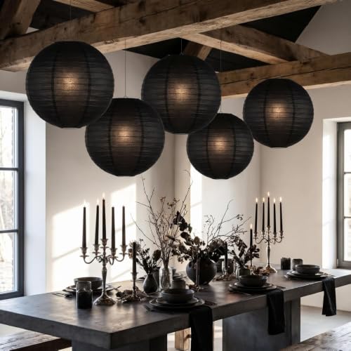 Black Paper Lanterns - 16-Inch Decorative Ball Lanterns for Weddings & Parties - 5 Pack